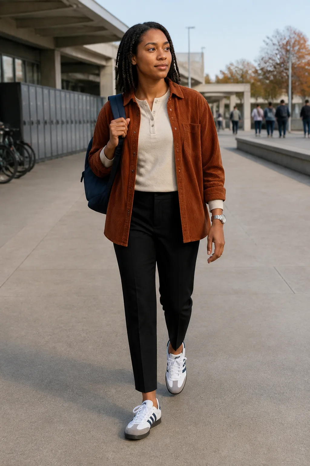 Navy Sambas with a Corduroy Shirt Jacket