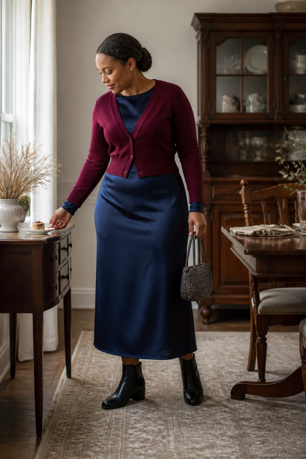 Navy Satin Midi Dress with a Cropped Cardigan