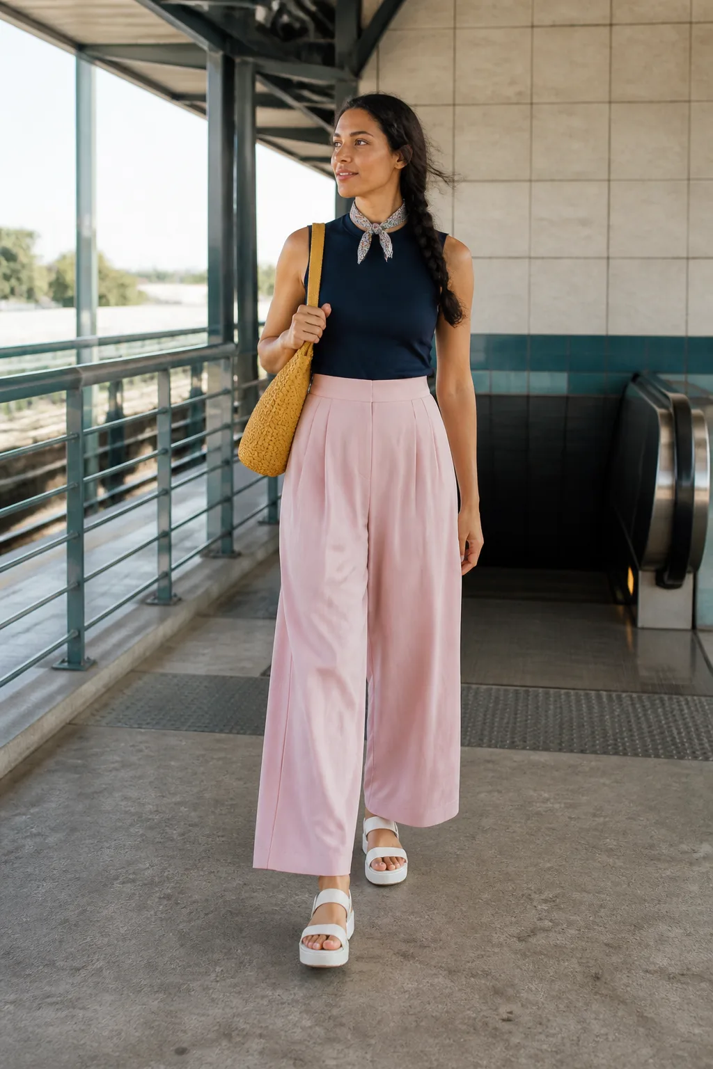 Navy Shell with Pleated Cotton Palazzo Pants