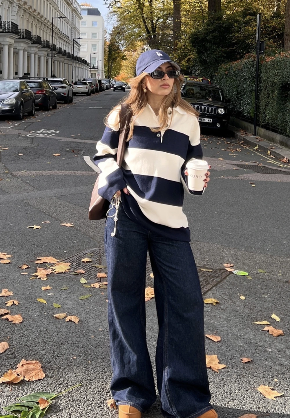 Navy Striped Rugby Top + Wide-Leg Jeans + Baseball Cap