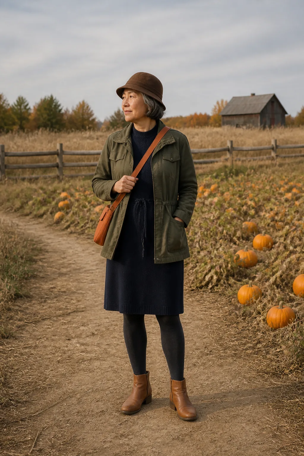 Navy Sweater Dress with Olive Field Jacket