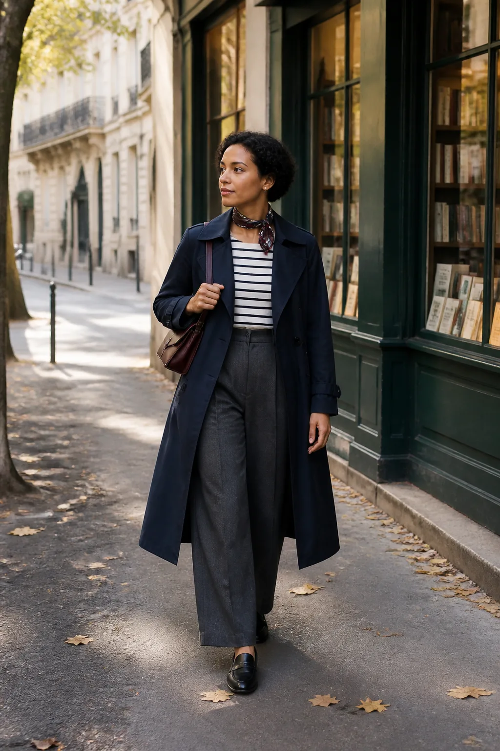 Navy Trench Coat with Breton Top and Wide-Leg Trousers