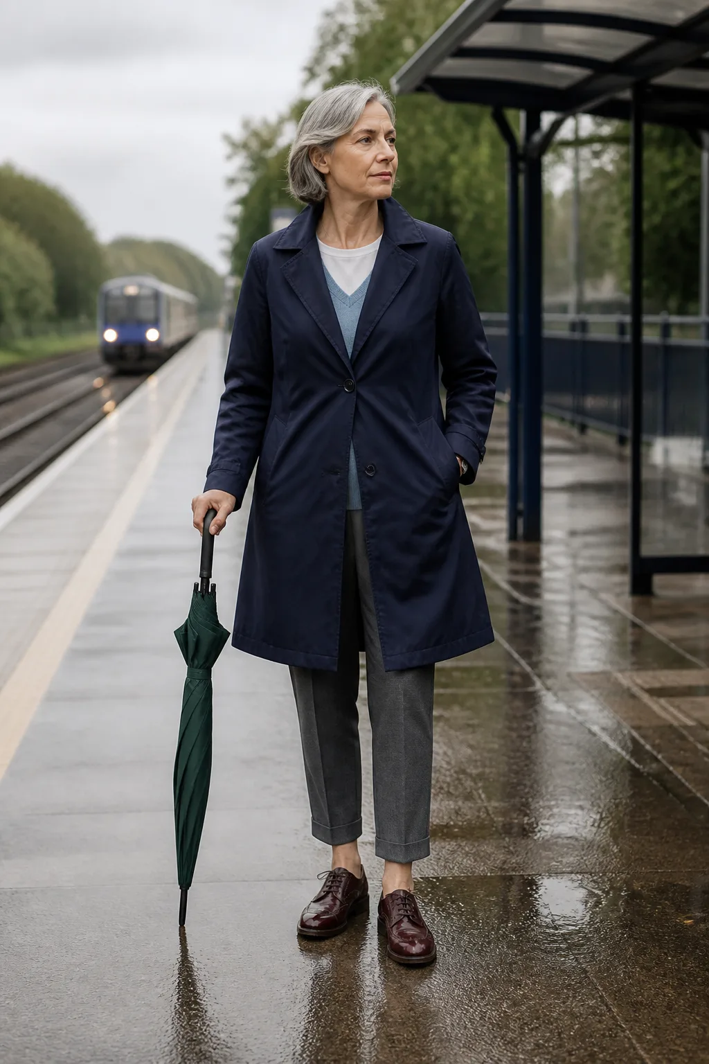 Navy Trench Coat with Gray Dress Pants
