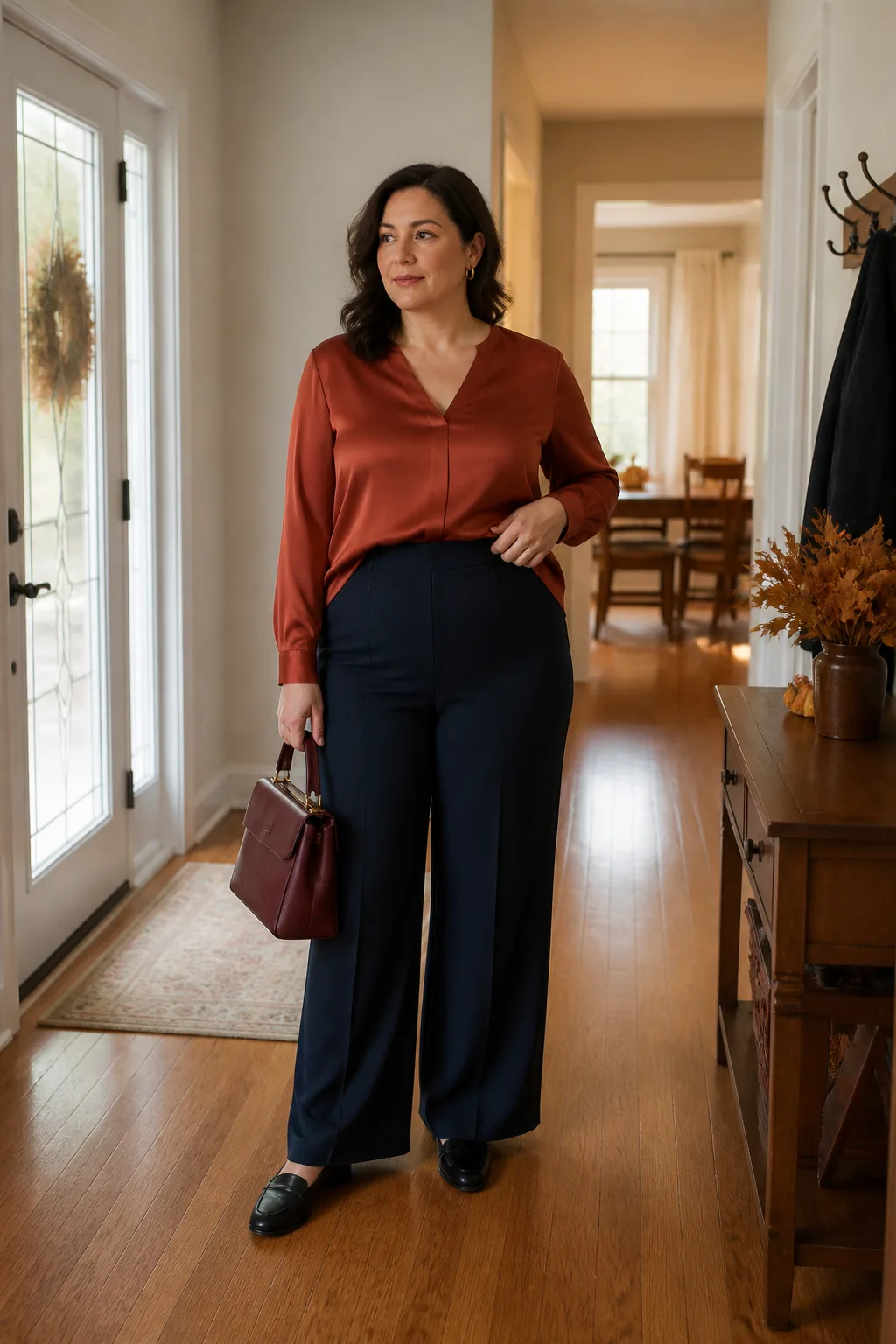 Navy Wide-Leg Trousers with Copper Satin Blouse