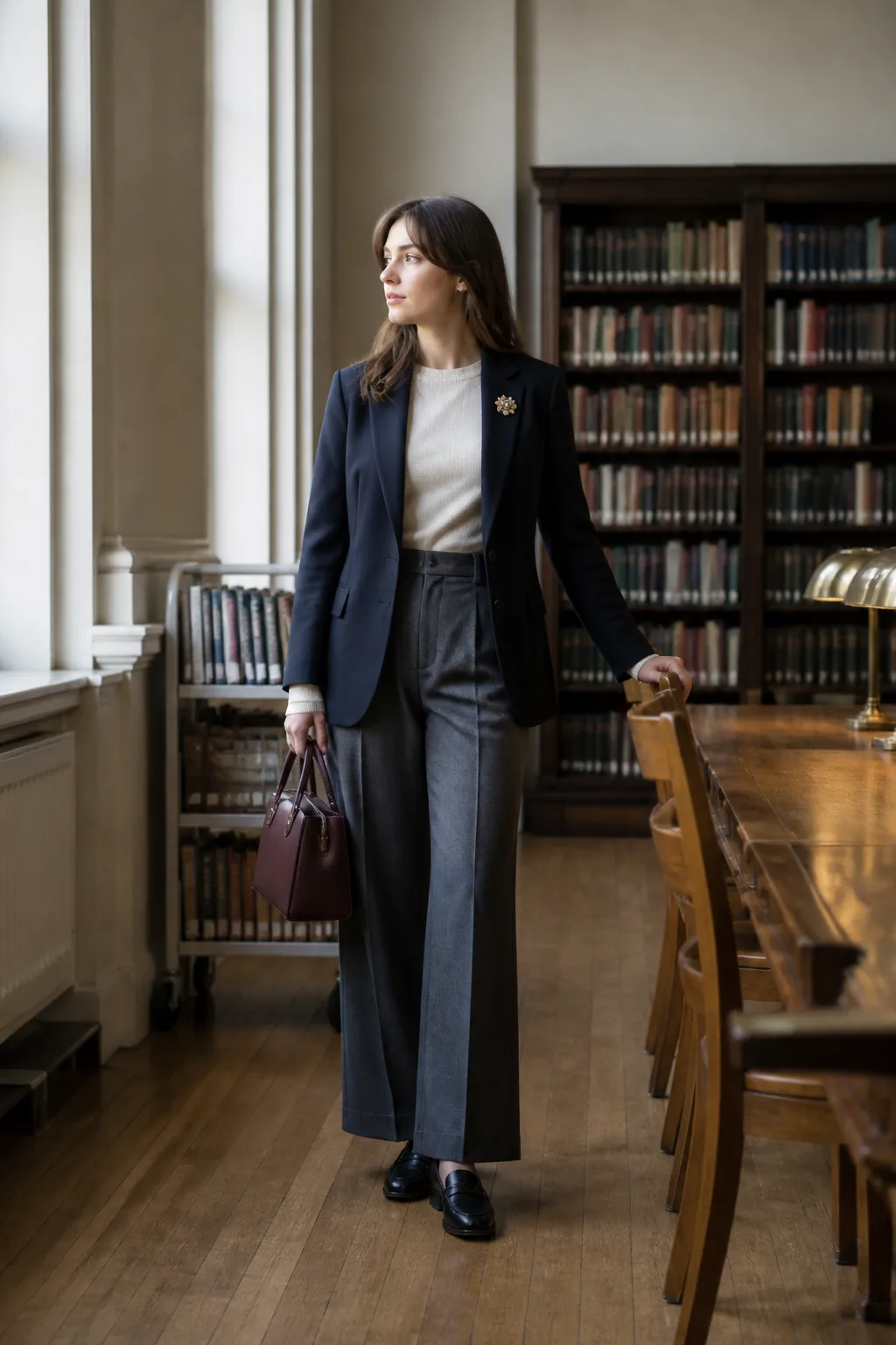 Navy Wool Blazer, Ivory Trousers, and Pearl Brooch