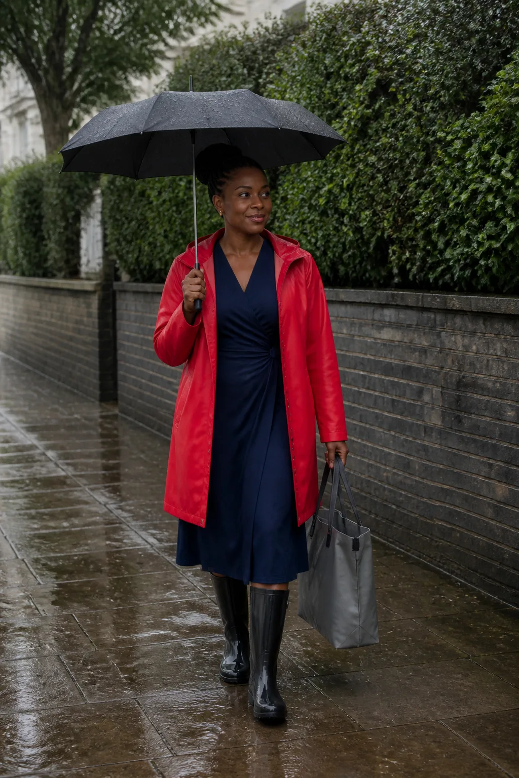 Navy Wrap Dress, Raincoat and Knee Boots