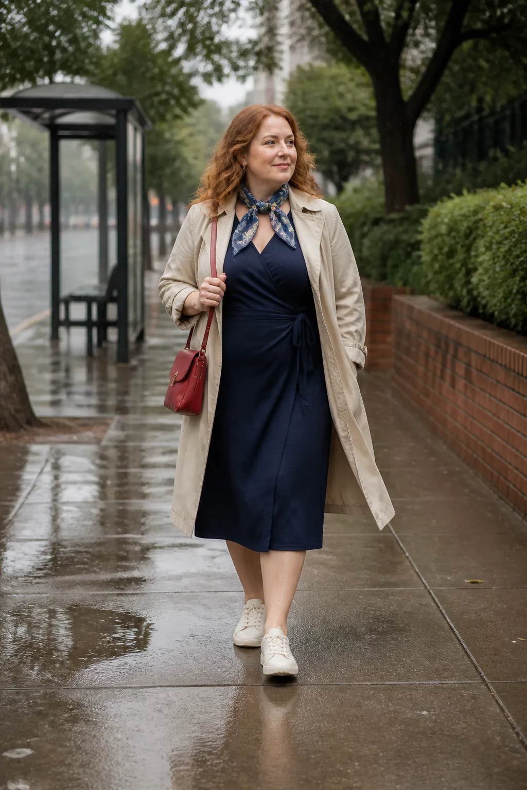 Navy Wrap Dress with Lightweight Trench