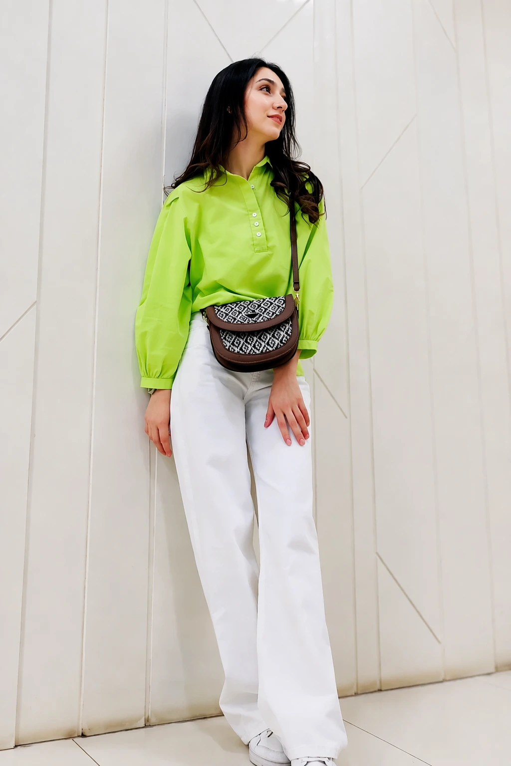 Neon Green Long Sleeve Button Henley Top + White Wide Leg Jeans + White Sneakers