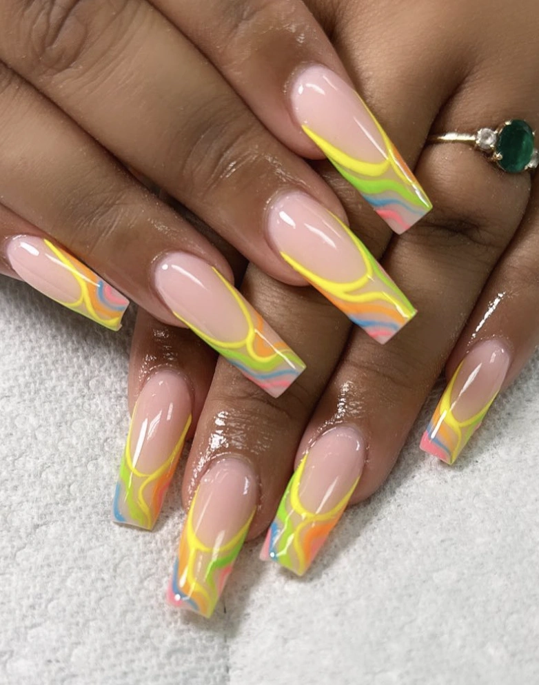 Neon Swirl French Tip Birthday Nails Coffin Shape