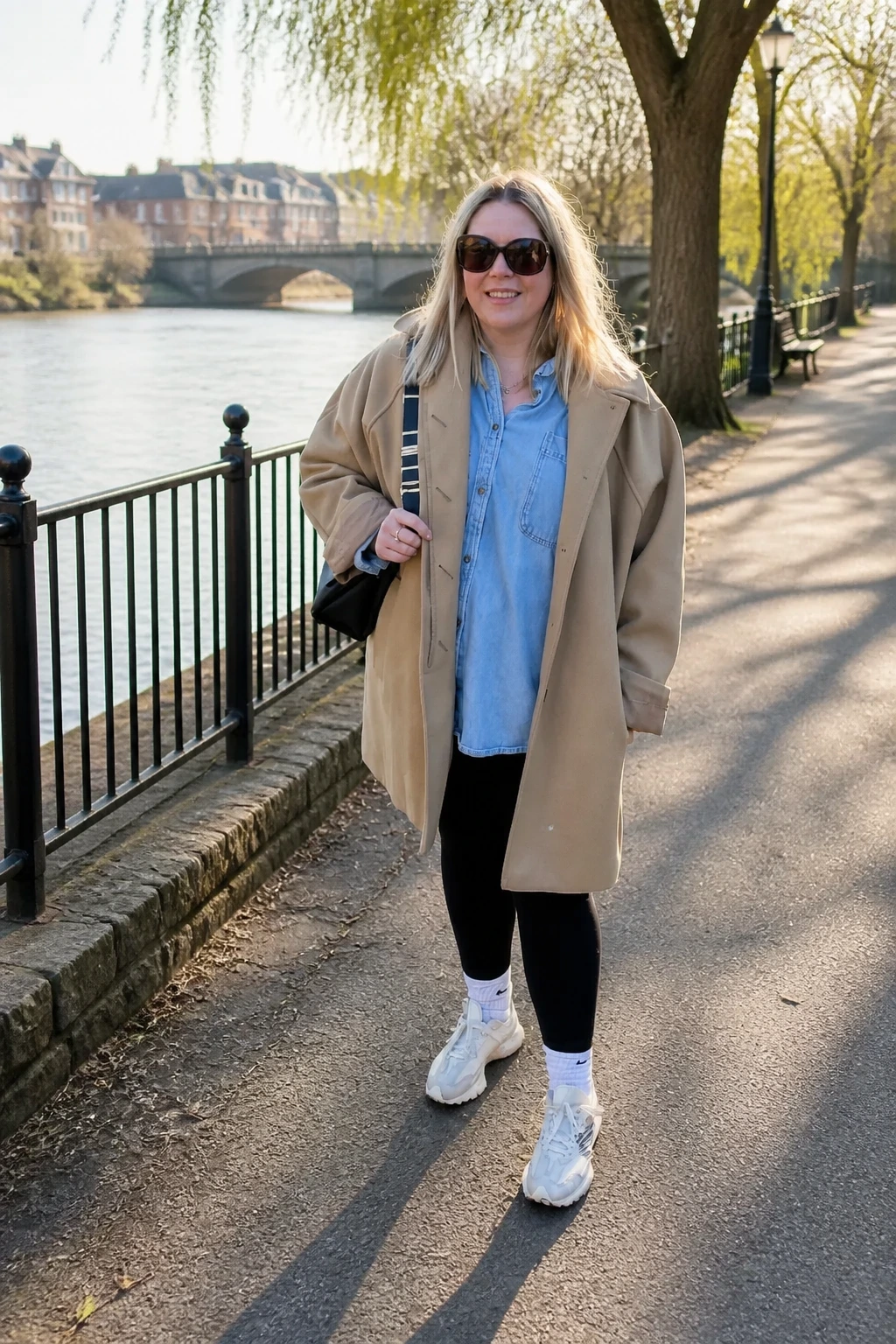 7- Neutral Coat, Black Leggings, Cool Sneakers