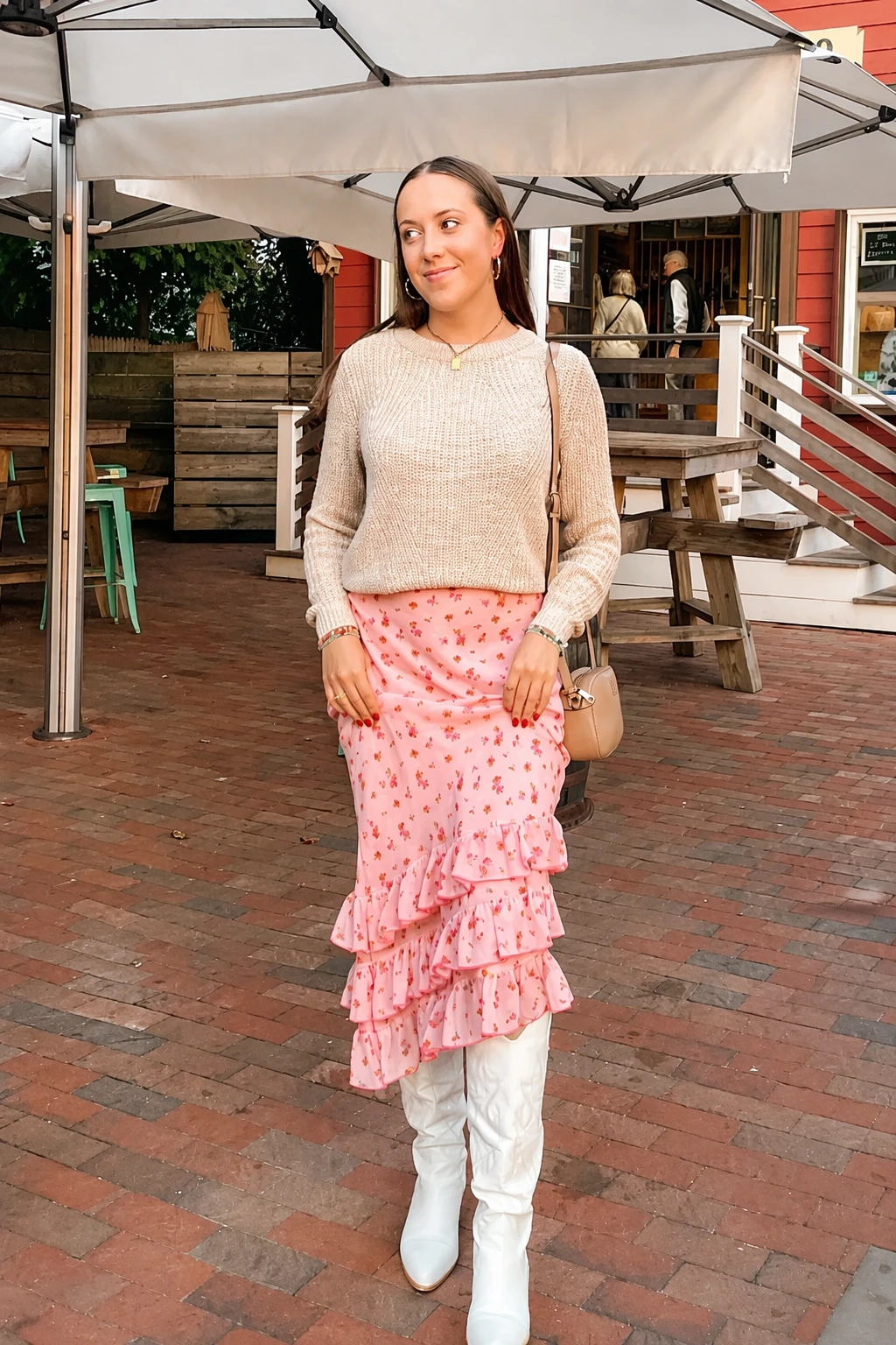 Neutral Sweater + Tiered Pink Skirt