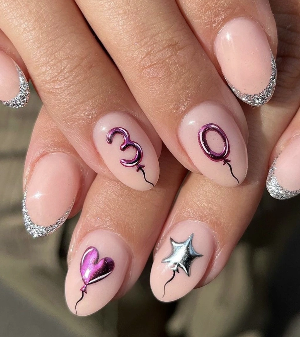 Nude Almond Nails with Glitter Tips and Foil Balloon Art