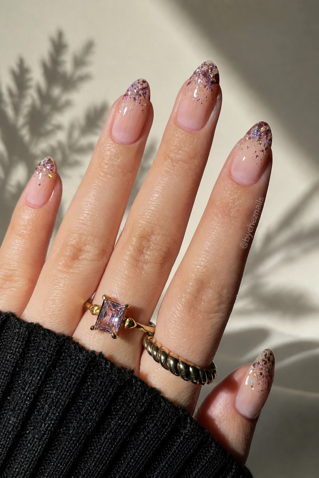 2- Nude Almond Nails With Iridescent Glitter Tips