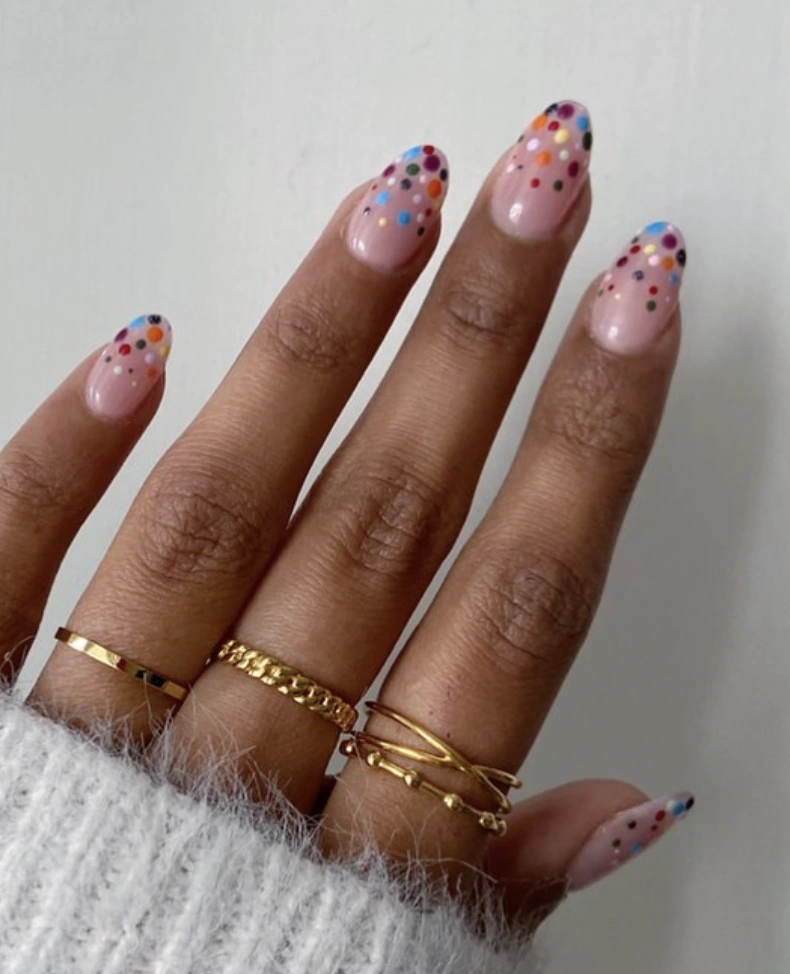 Nude Base with Rainbow Dot “Birthday Nails Coffin”