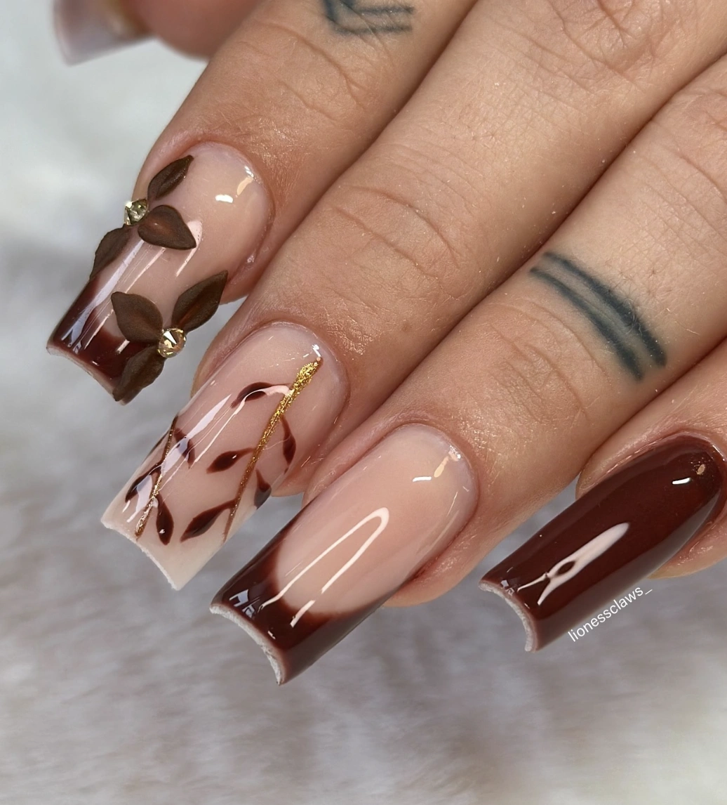 Nude Nails with Chocolate Brown Tips and Floral Accents