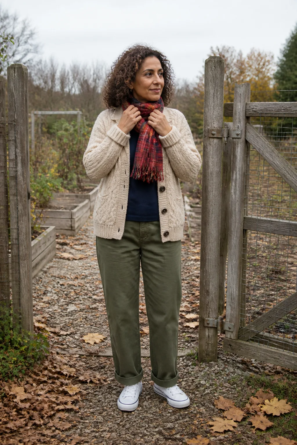 Oatmeal Fisherman Cardigan with Olive Chinos