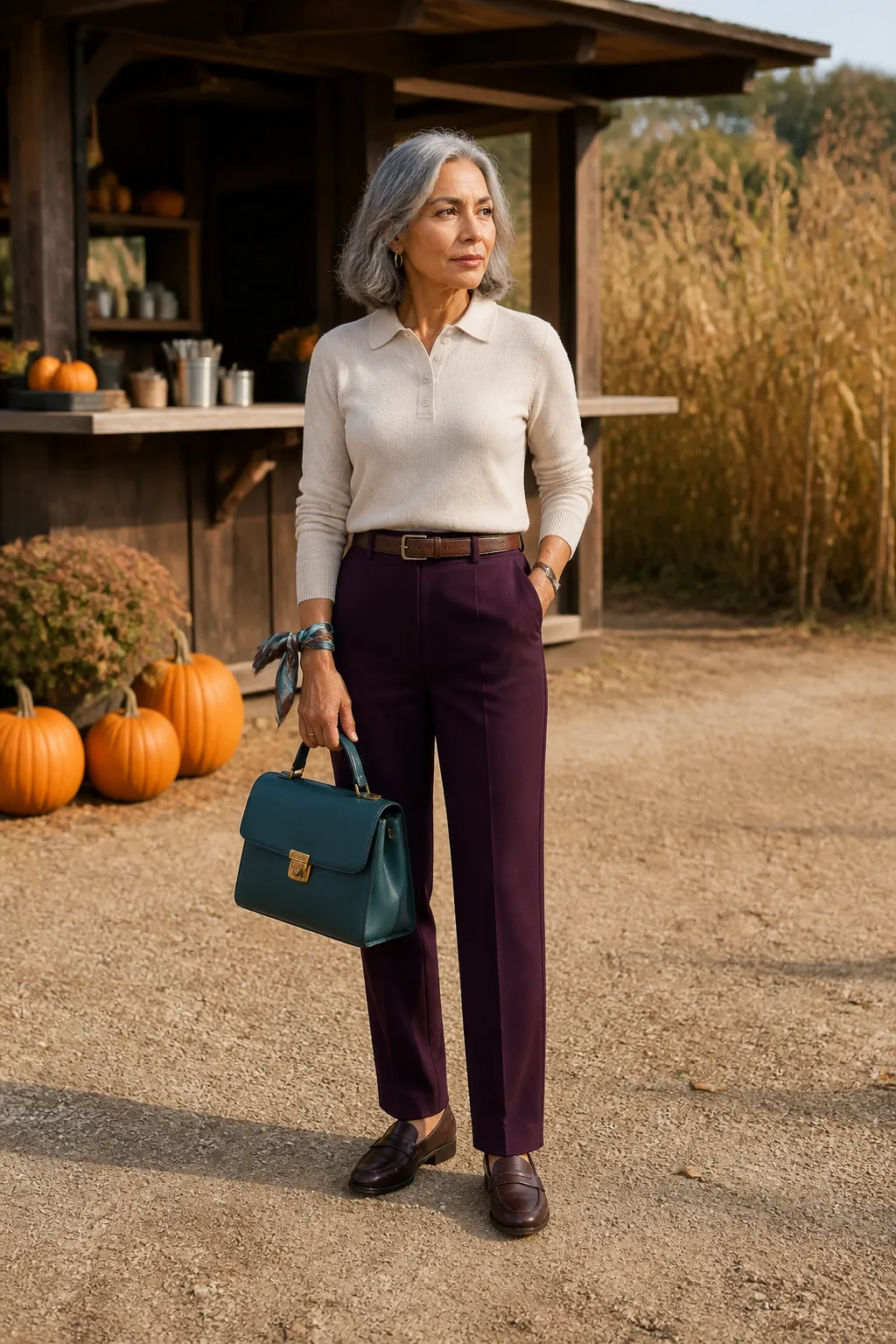 Oatmeal Knit Polo, Plum Trousers, and Loafers