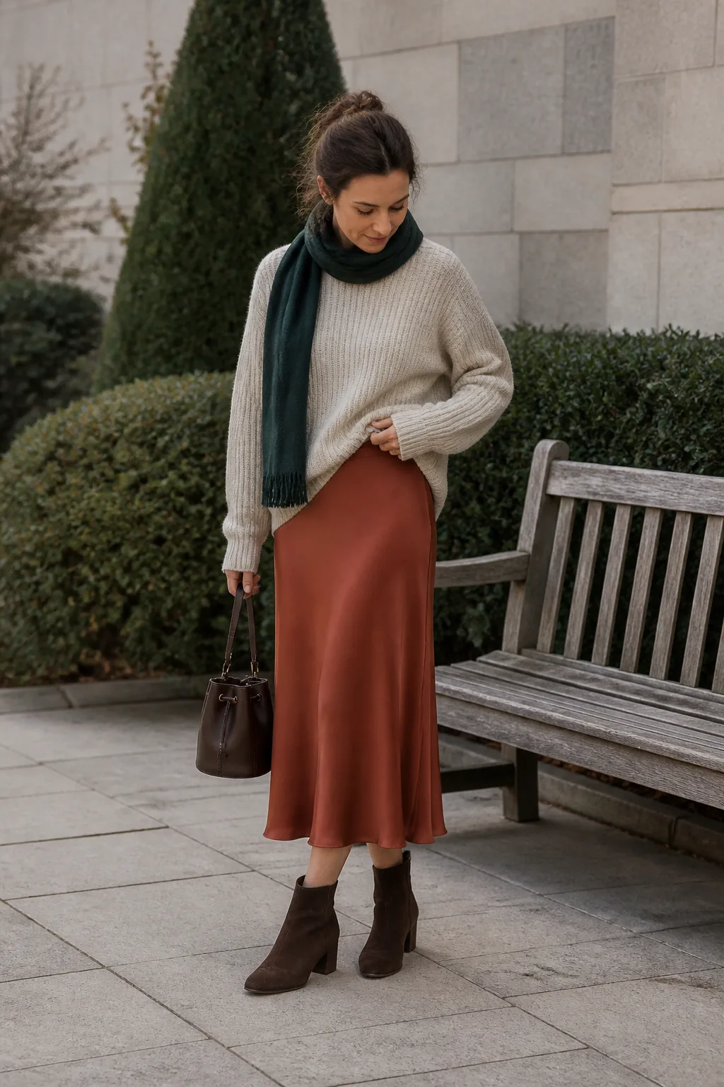 Oatmeal Ribbed Sweater with Rust Satin Skirt