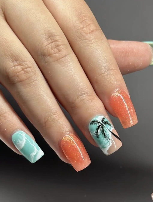 Ocean Swirls, Palm Tree Accent, and Glitter Ombre Nail Design