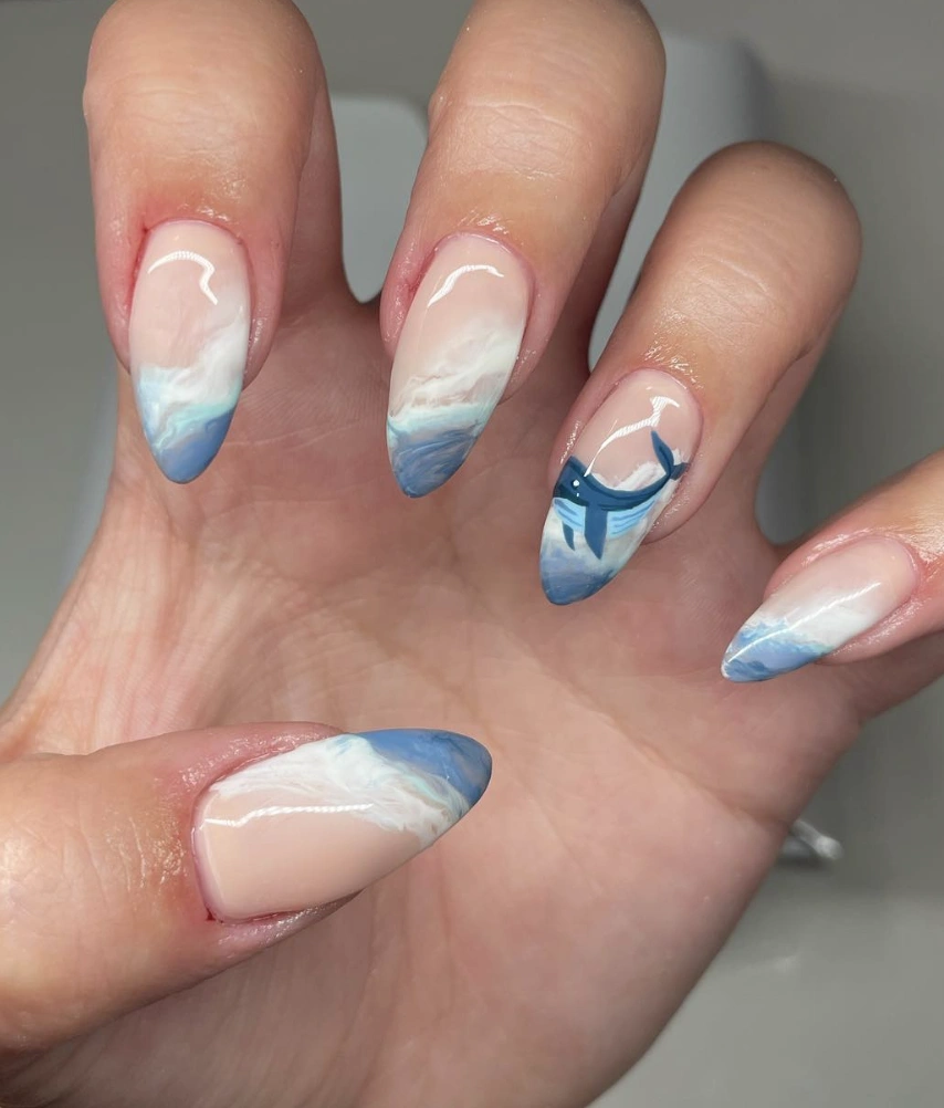Ocean Wave Almond Nails with Whale Accent