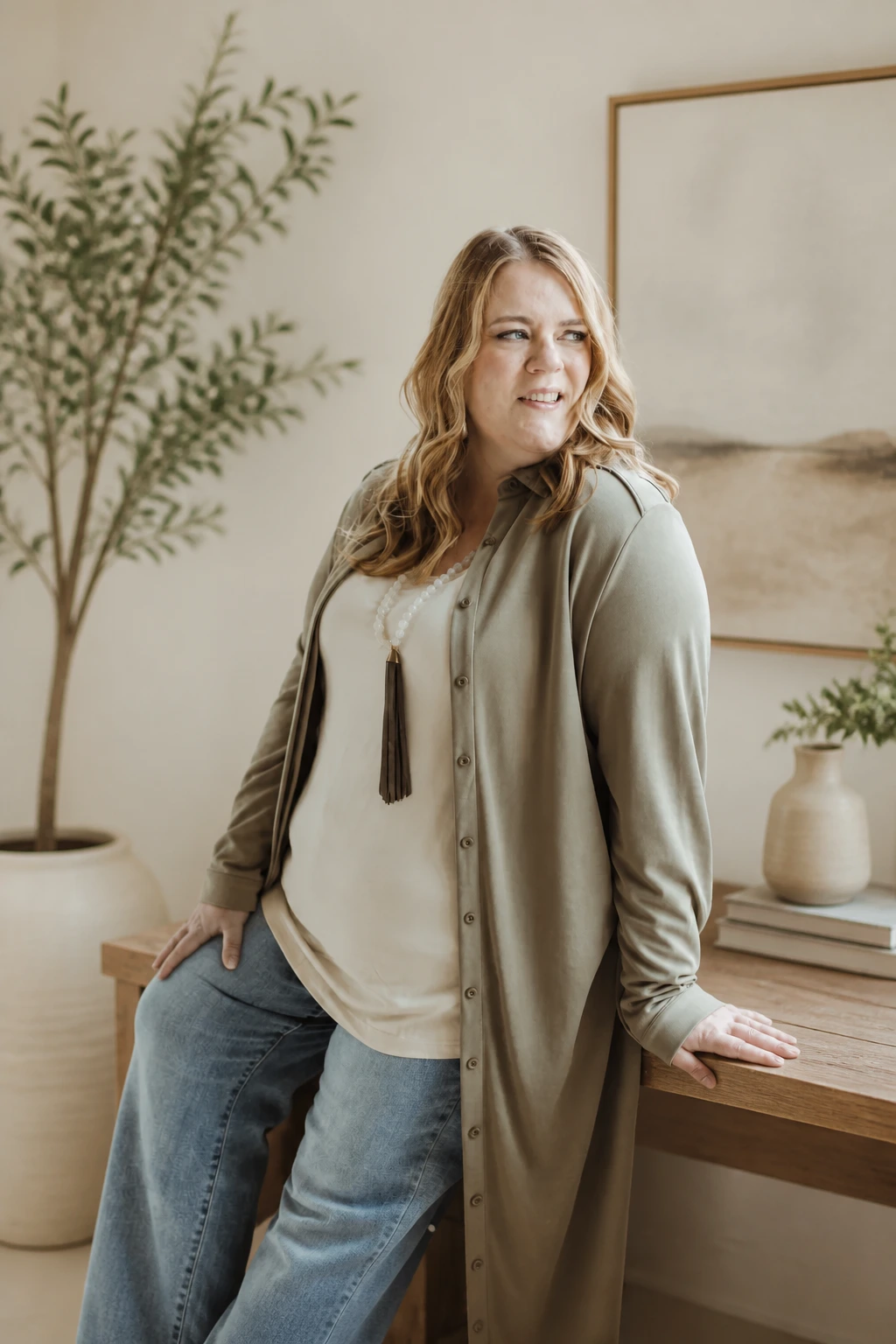 8- Olive Cardigan, Light Denim, Easy Polish