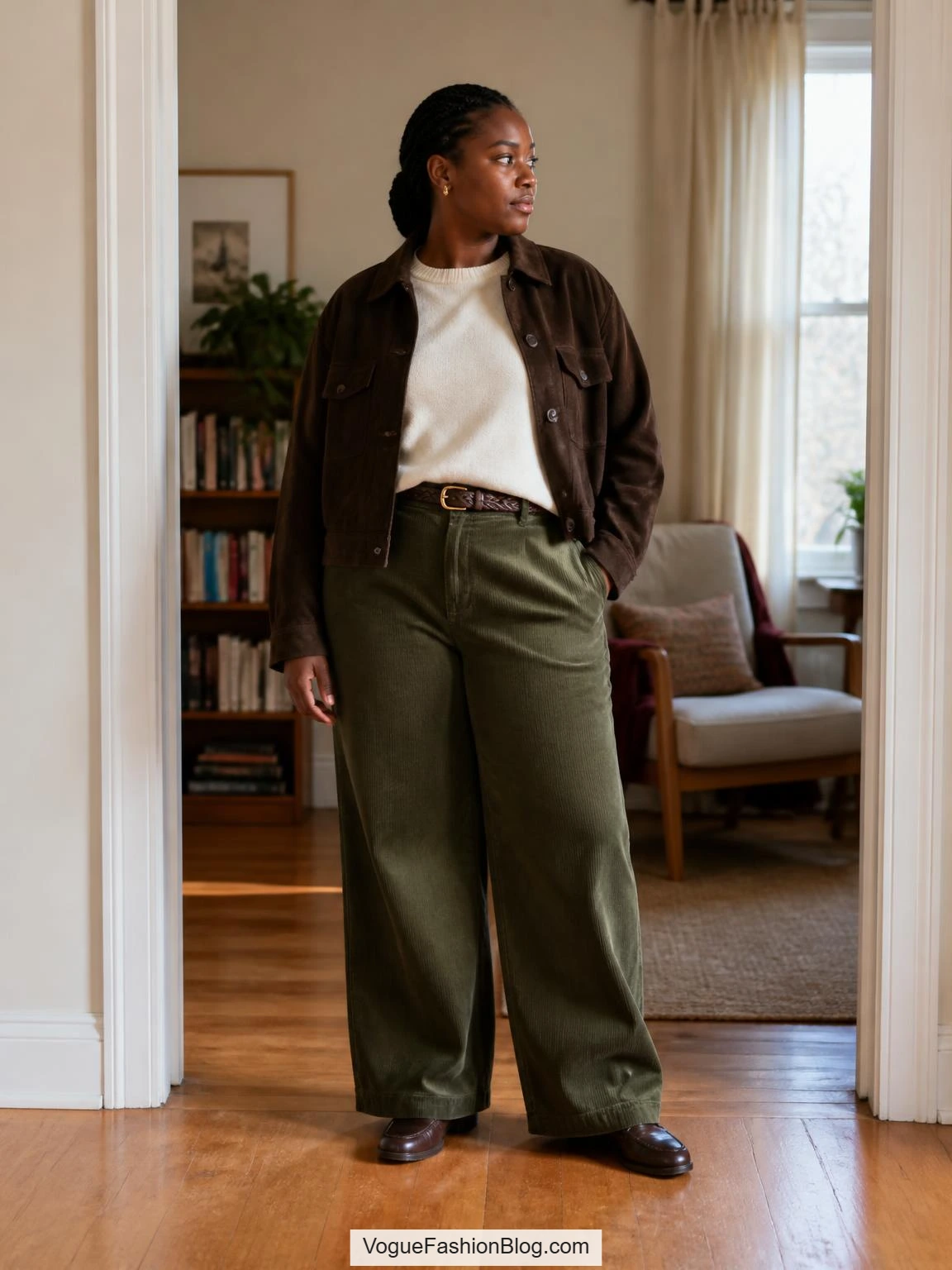 Plus size fall outfits feature olive corduroy trousers, an ivory sweater, and a cropped suede utility jacket in an apartment entryway