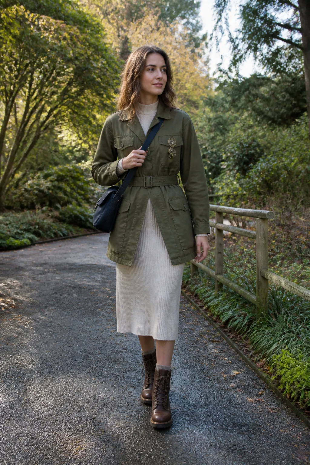 Olive Field Jacket, Knit Dress, and Brass Compass Brooch