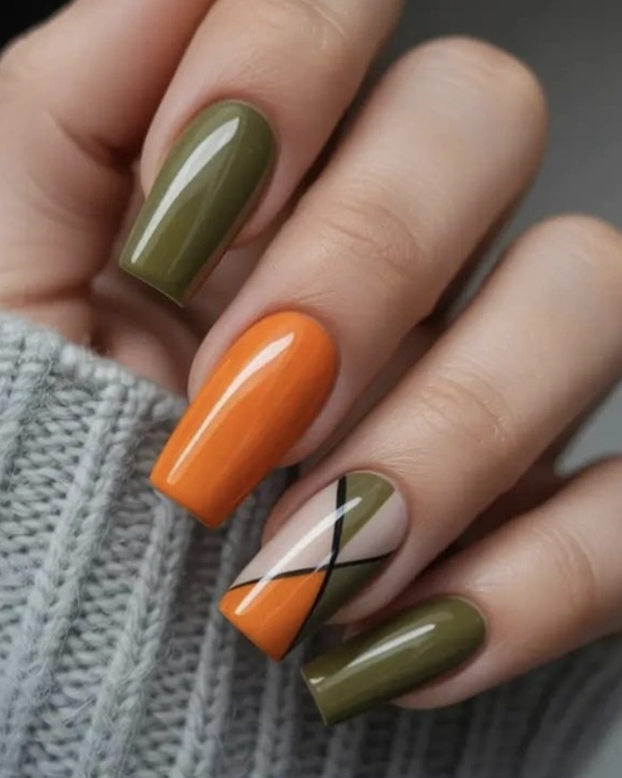Olive Green and Burnt Orange Geometric Nail Design