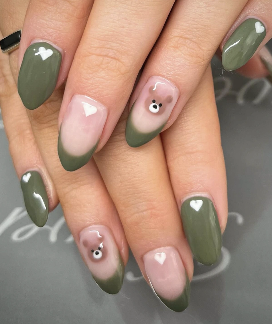 Olive Green French Tips with Teddy Bear Accent Nails