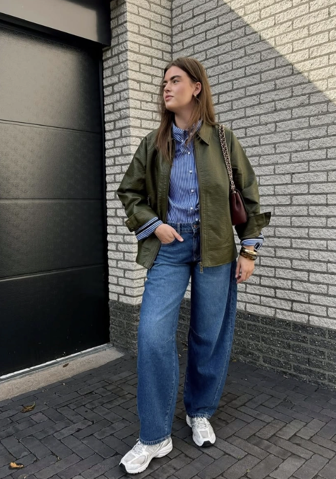 Olive Green Jacket + Blue Striped Shirt + Barrel Jeans + White Sneakers