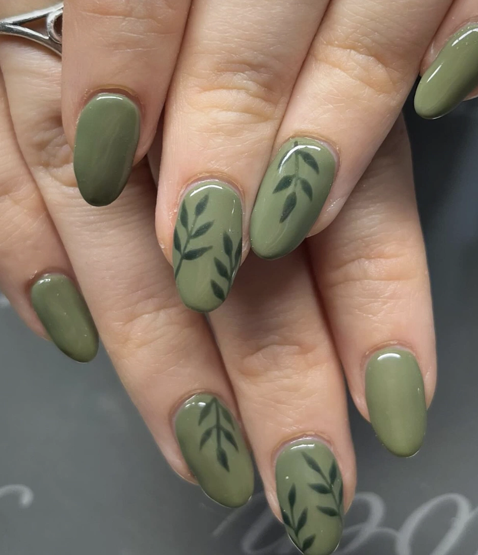 Olive Green Oval Nails with Delicate Leaf Detail