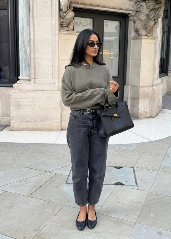 Olive Green Sweater + Black Rolled Jeans + Black Ballet Flats