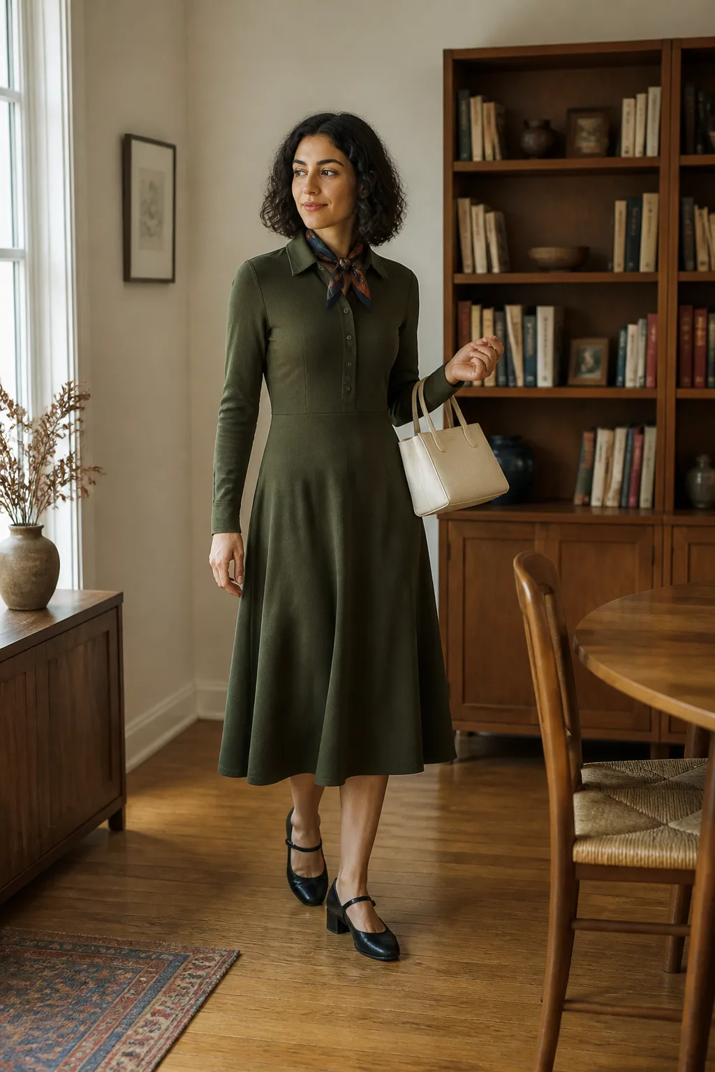 Olive Knit Polo Dress with Mary Jane Shoes