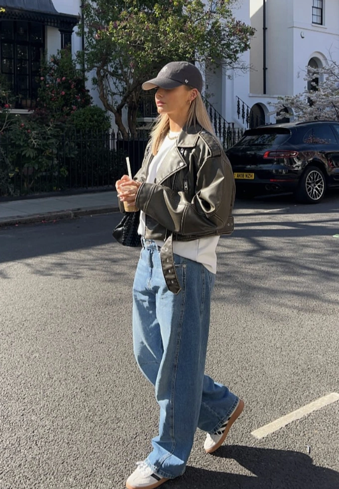 Olive Leather Jacket + Barrel Jeans + Adidas Sambas + Baseball Cap