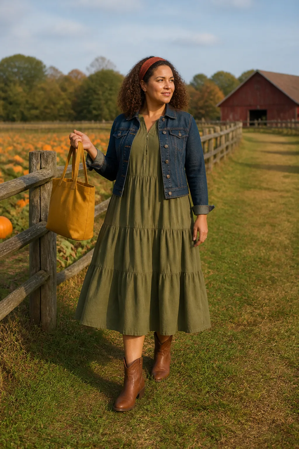Olive Midi Dress, Denim Jacket, and Western Boots