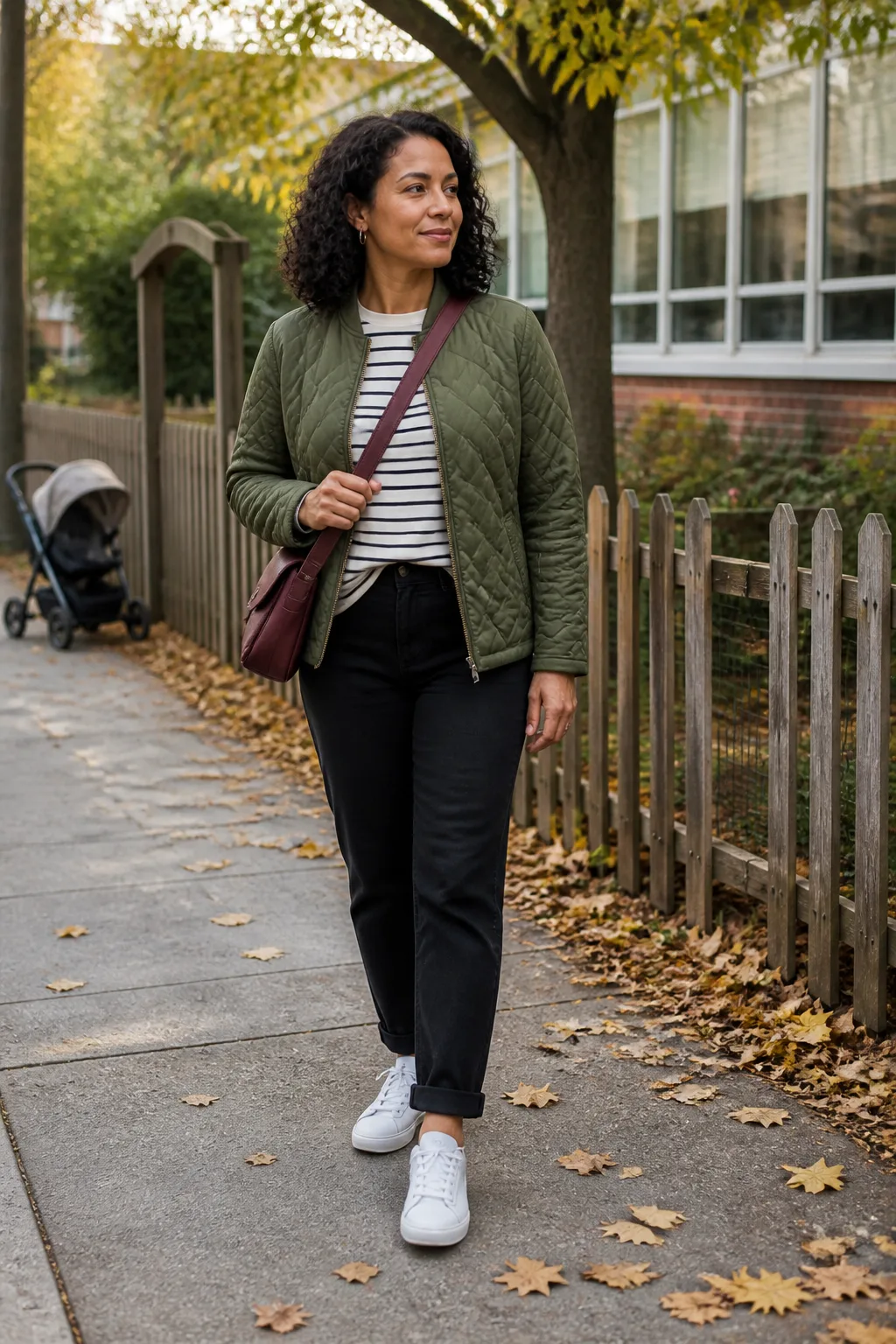 Olive Quilted Jacket, Striped Tee, and Black Ankle Trousers