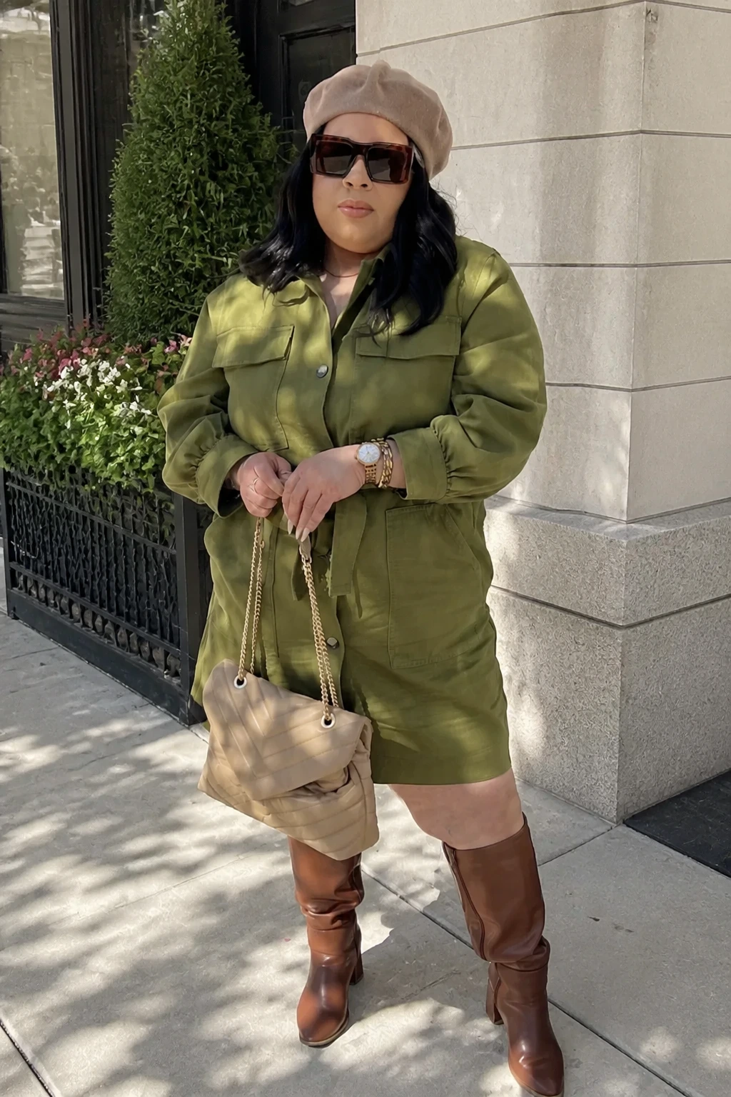 2- Olive Romper With Tall Brown Boots