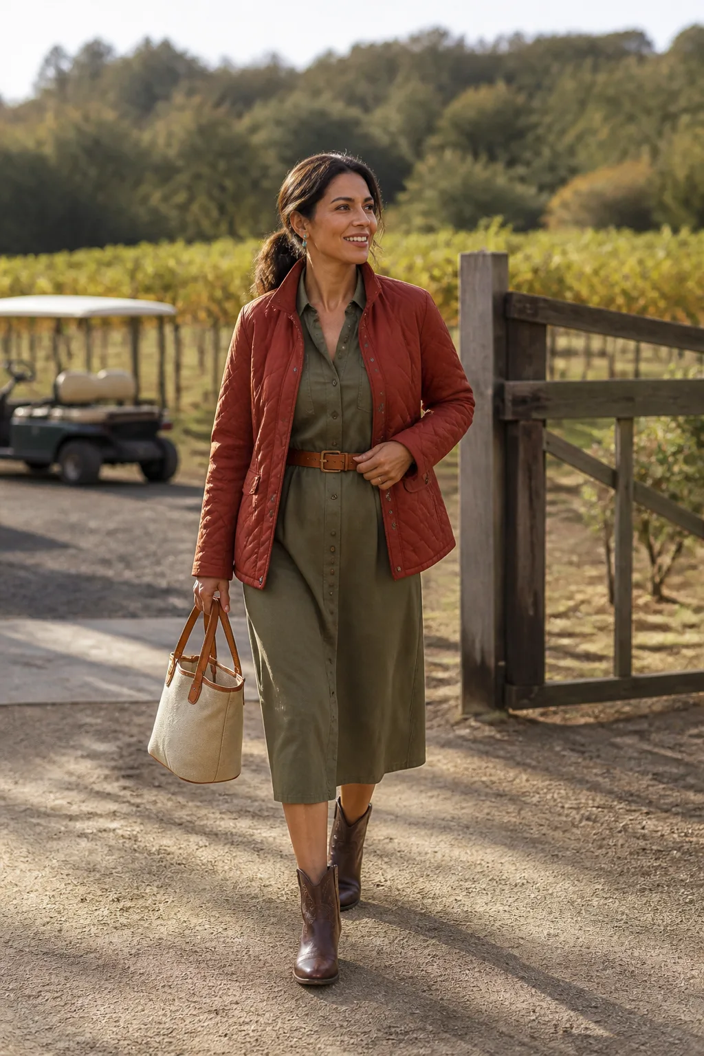 Olive Shirt Dress with Western Boots