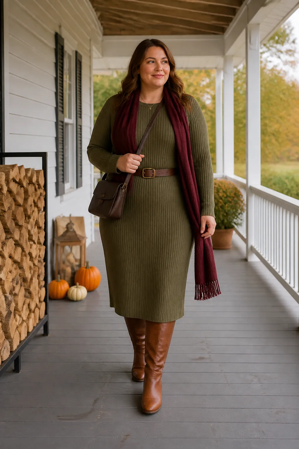 Olive Sweater Dress with Cognac Riding Boots