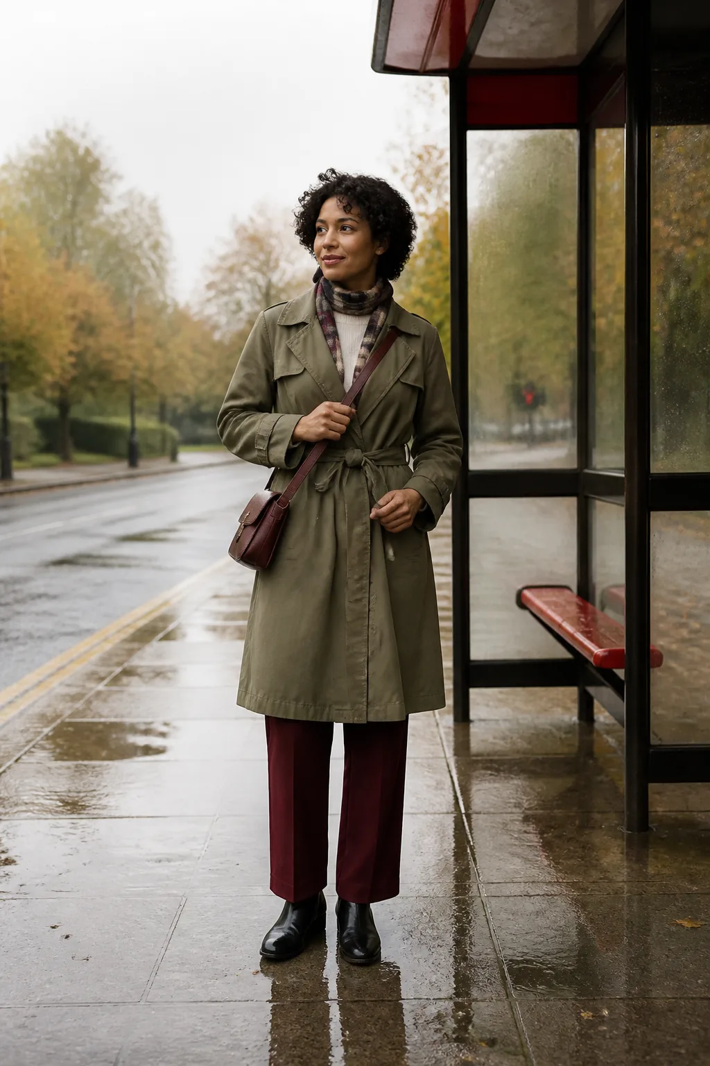 Olive Trench Coat, Burgundy Trousers and Chelsea Boots
