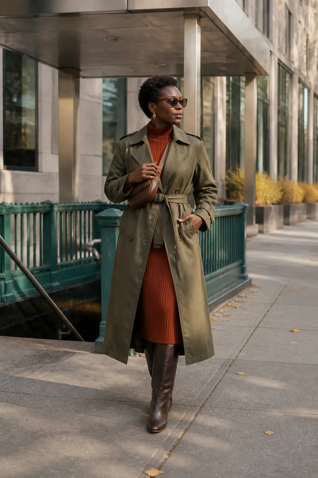 Olive Trench Coat, Rust Sweater Dress and Tall Boots