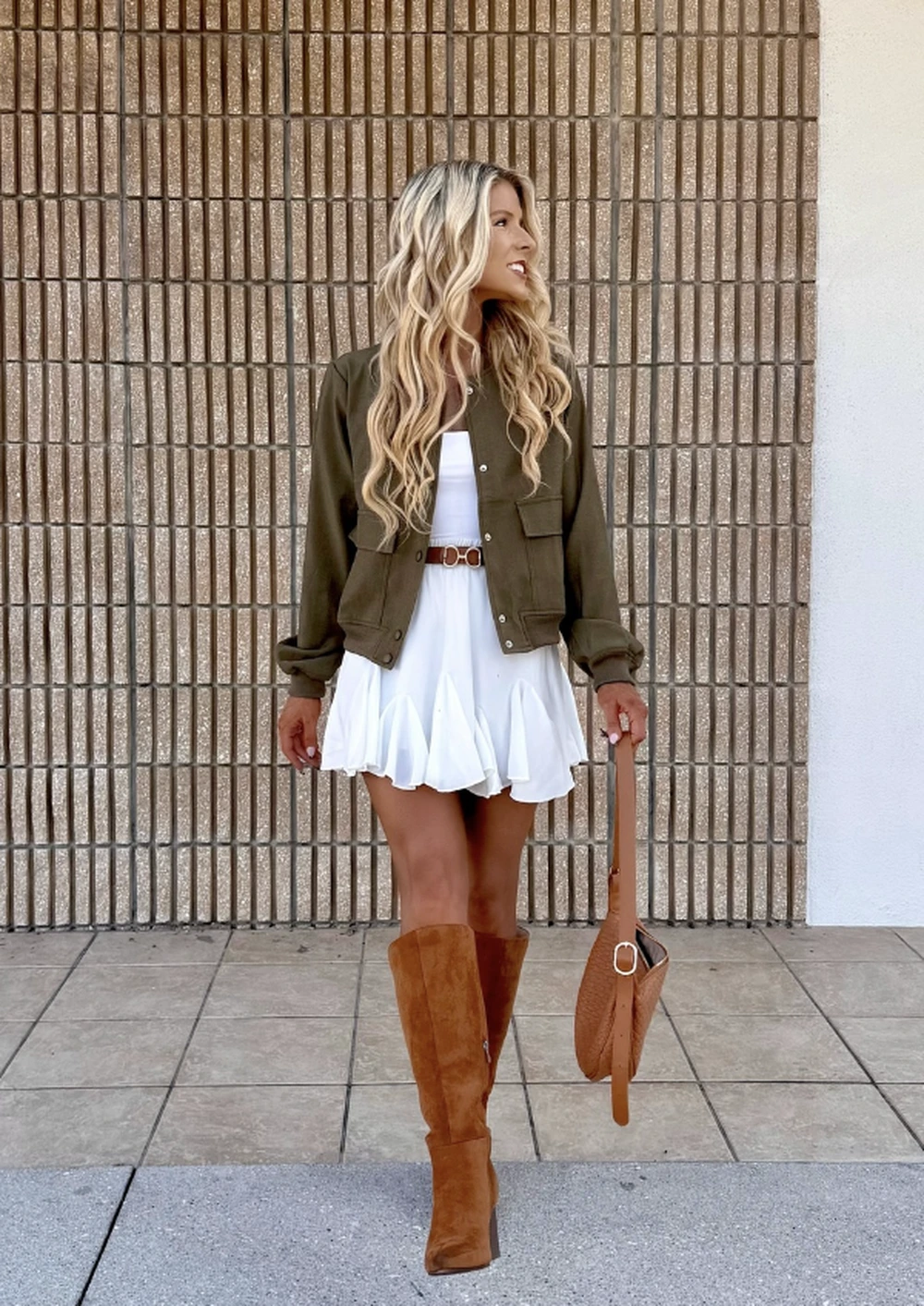 Olive Utility Jacket + White Mini Skirt + Brown Knee-High Boots