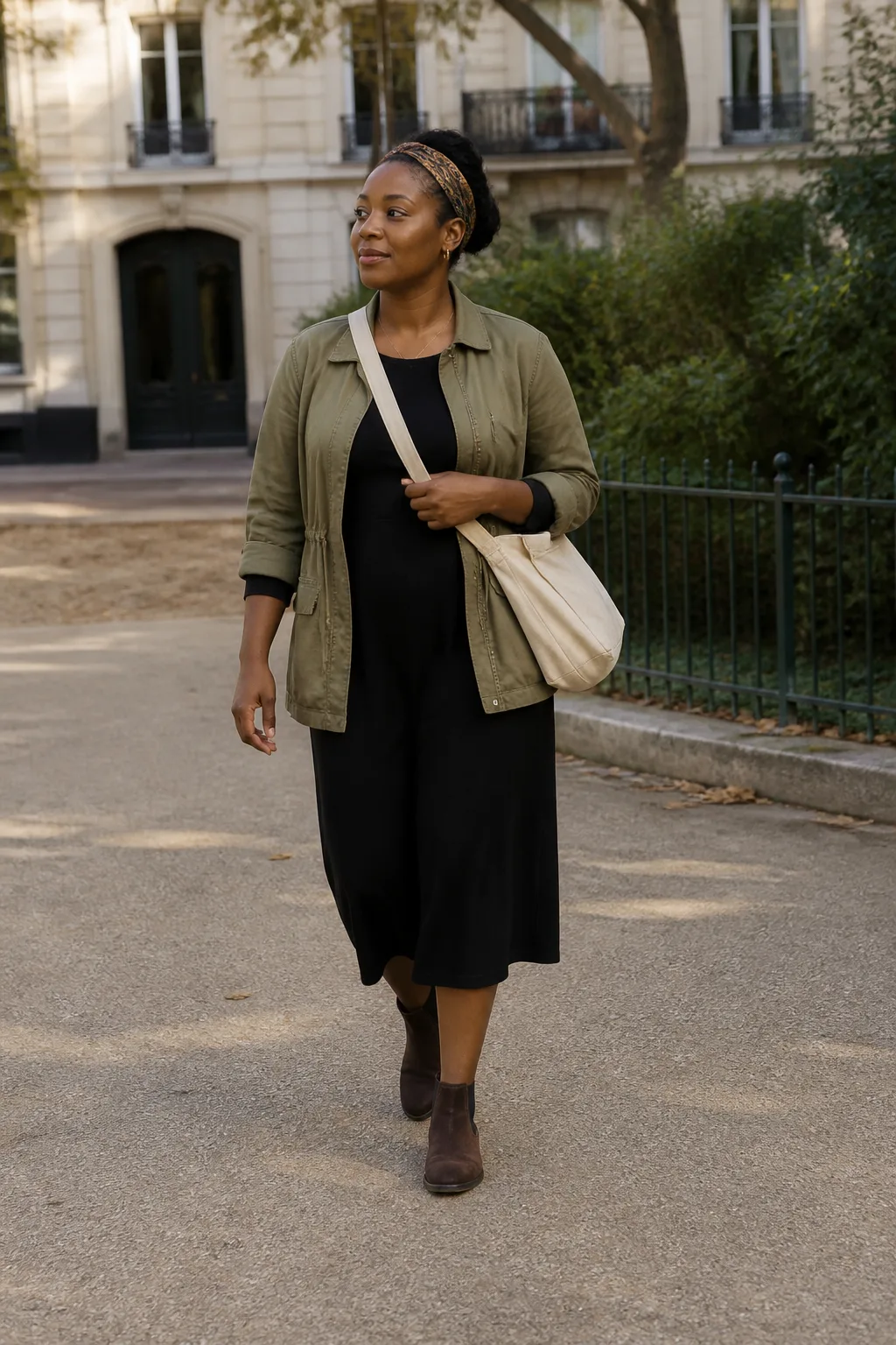 Olive Utility Jacket with Black Midi Dress