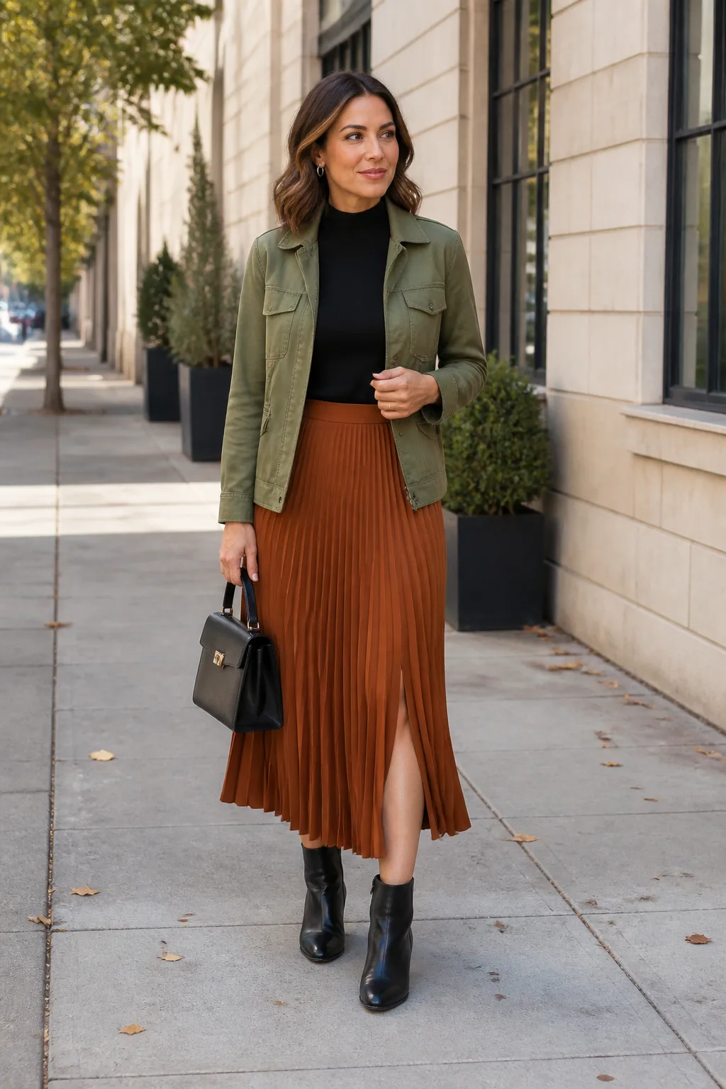 Olive Utility Jacket with Pleated Midi Skirt