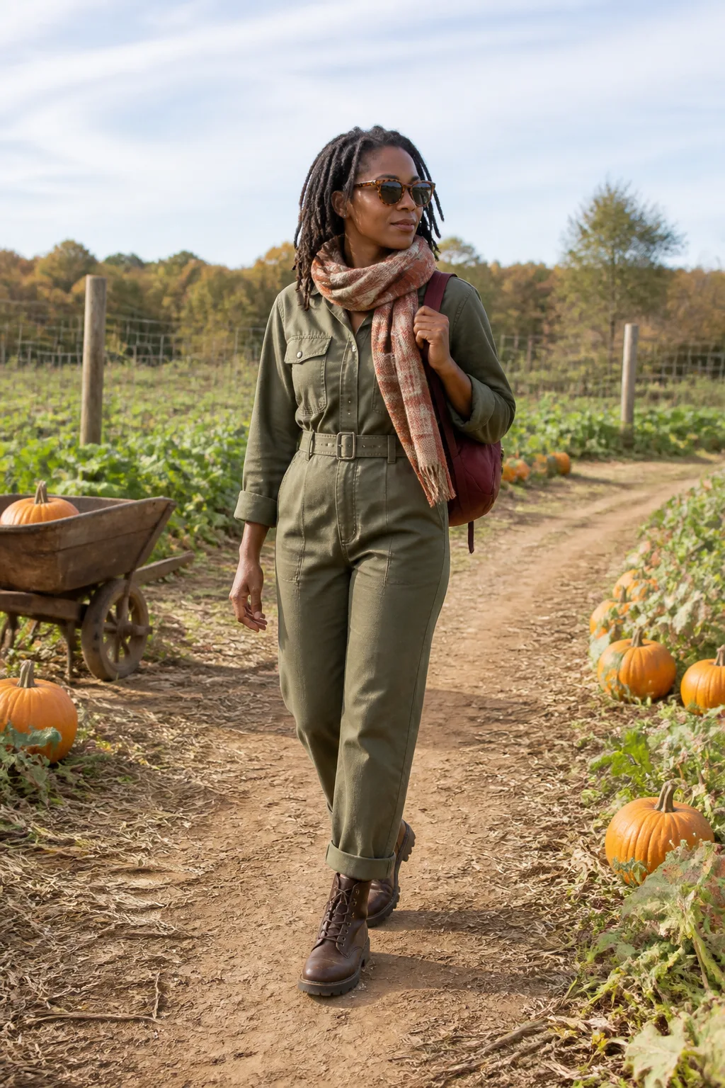 Olive Utility Jumpsuit with Plaid Scarf and Lug Boots