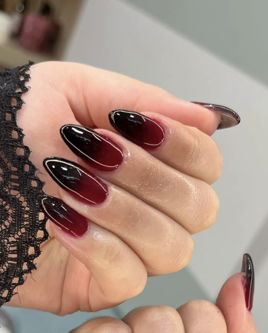 Ombre Almond Nails: Black Fade to Crimson