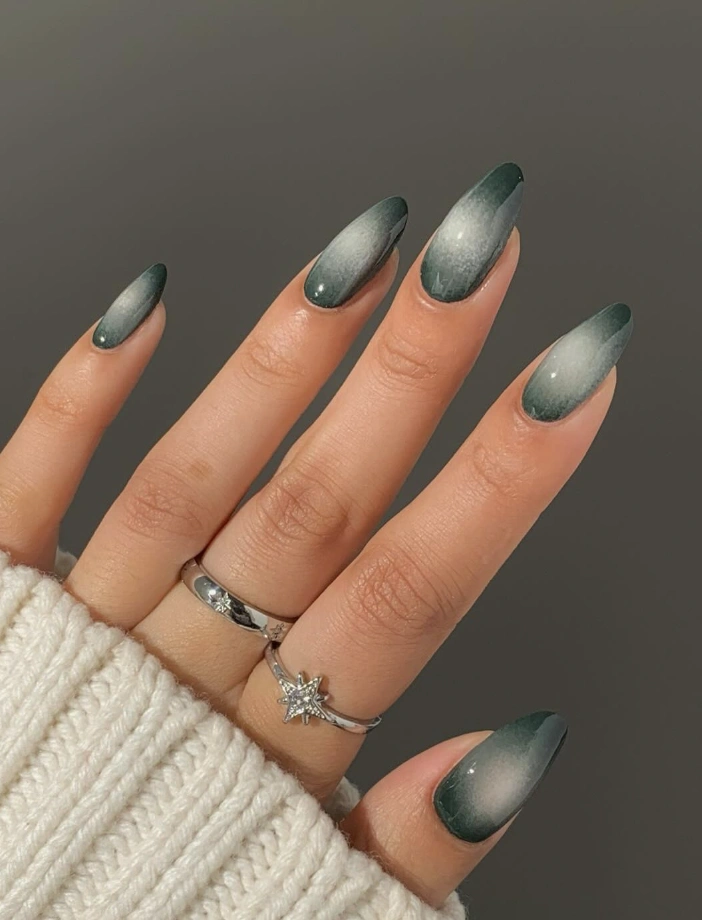 Ombre Almond Nails: Olive Green into Sheer White