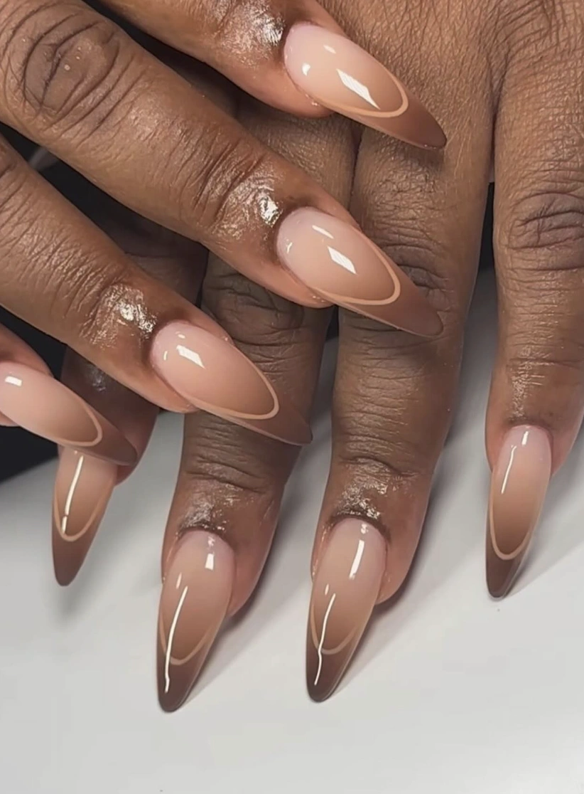 Ombre Almond Nails with Chocolate French Tip Detail