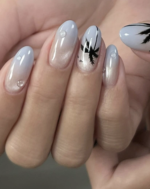 Ombre Almond Nails with Palm Tree Art and Water Droplet Accents