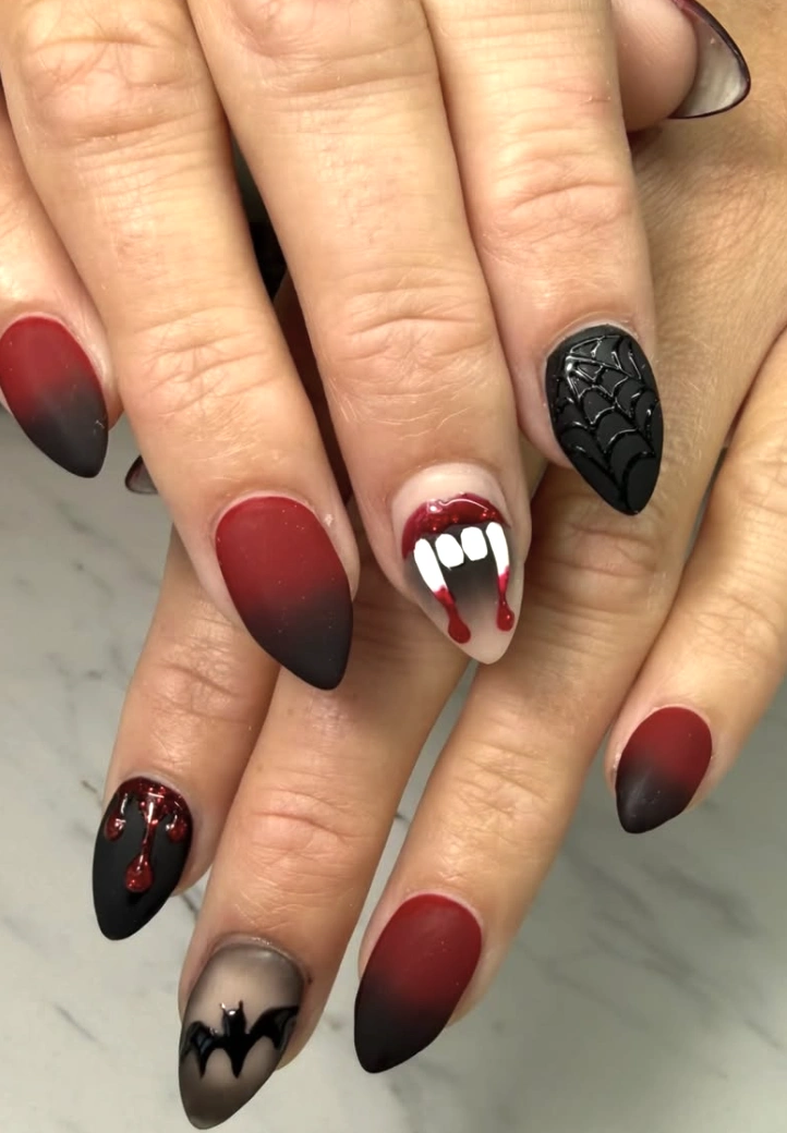 Ombre Almond Nails with Vampire Fang, Spiderweb, and Bat Decals
